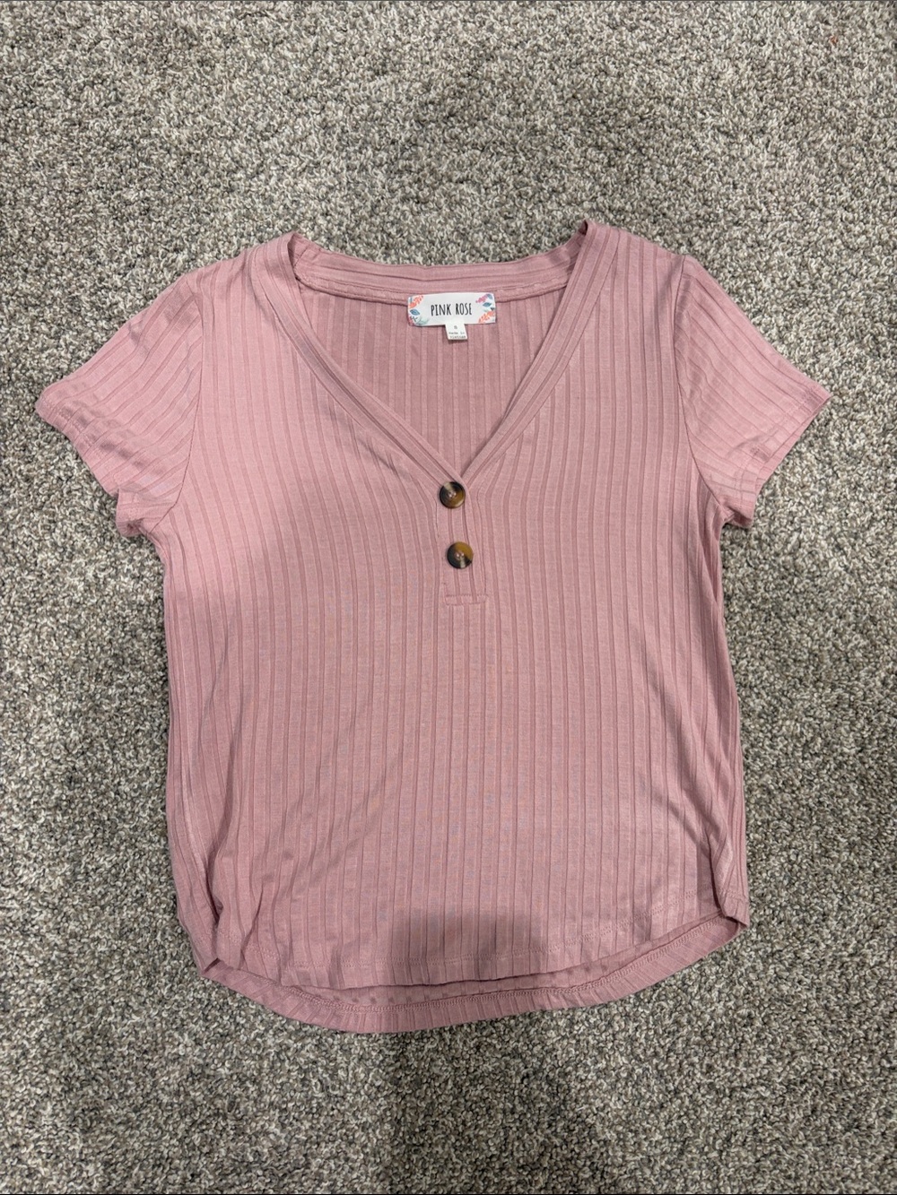 Pink Rose Dusty Rose Ribbed V-Neck Tee with Button Accents